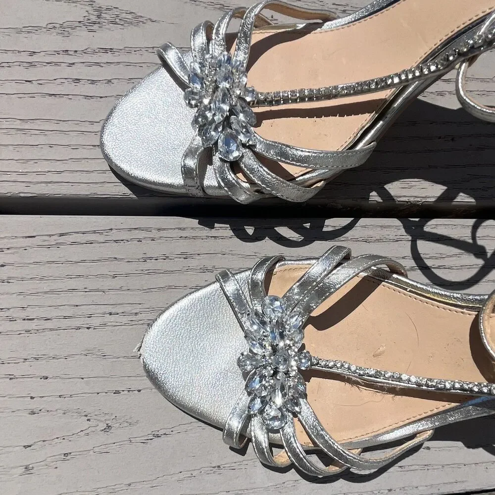 Jewel Badgley Mischka Silver Strappy Crystal Open Toe Stiletto Zip Heel US 10